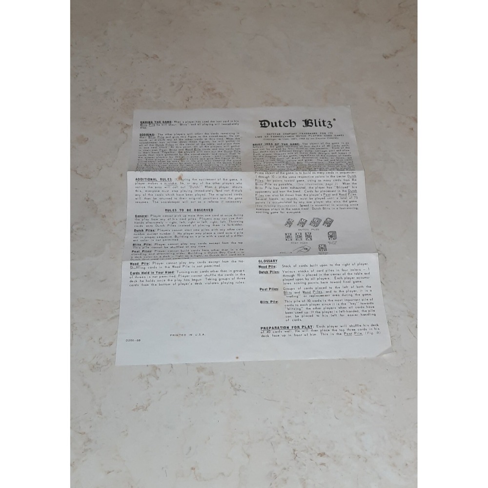 1968 Dutch Blitz Game Replacement Piece Instructions